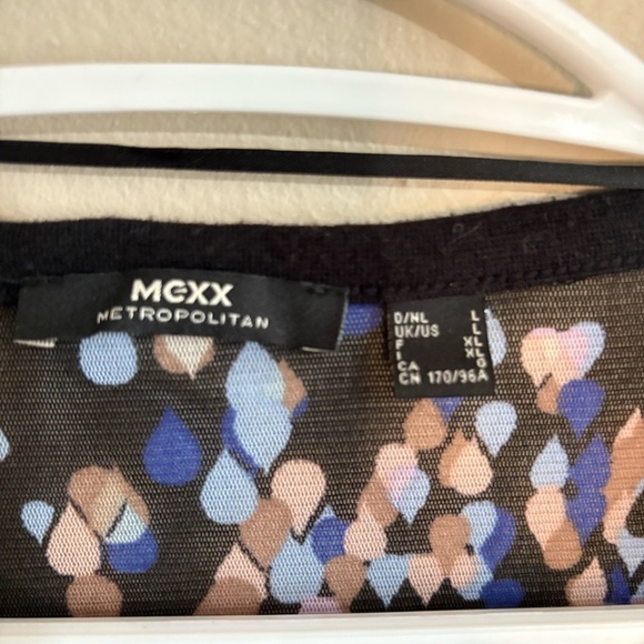 Mexx Mesh Black Blue & Lilac Pattern 3/4 Sleeve Ruched Button Up Blouse - Picture 5 of 14